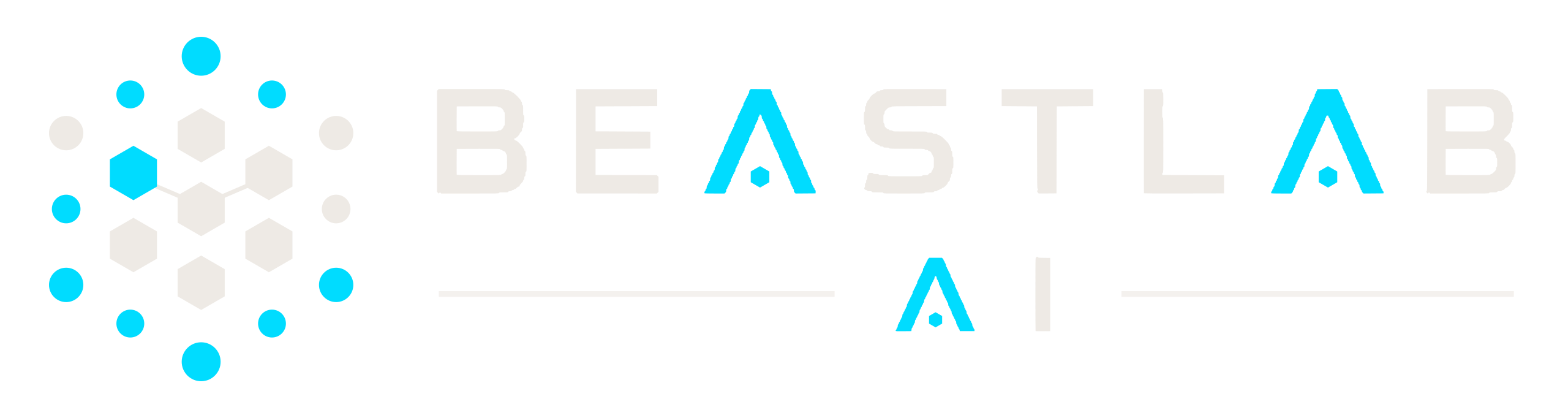BeastLab AI horizontal lockup in light ink with cyan accents, for dark backgrounds