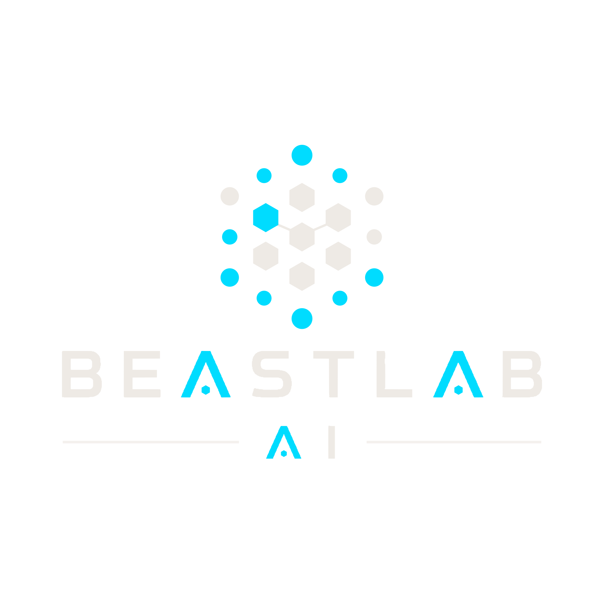 BeastLab AI square lockup in light ink with cyan accents, for dark backgrounds
